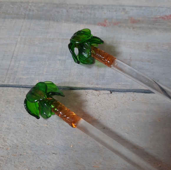 Vintage Hand Blown Art Glass Swizzle Stir Sticks Palm Trees Set of 2 - Picture 4 of 14